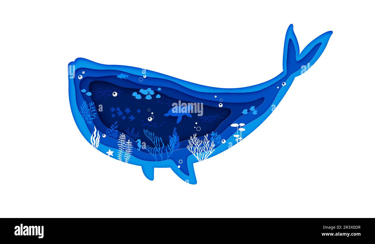 Sea whale silhouette and underwater paper cut landscape. Underwater ...
