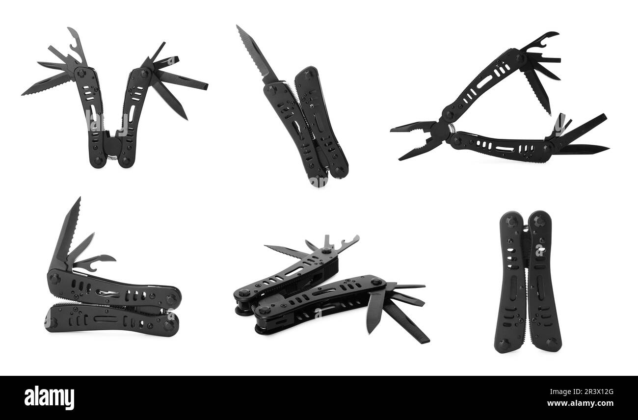 Set with portable multitools on white background Stock Photo Alamy