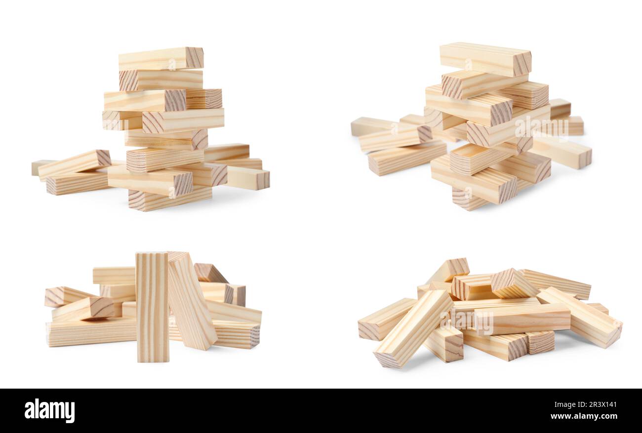 Wooden blocks for Jenga tower on white background Stock Photo