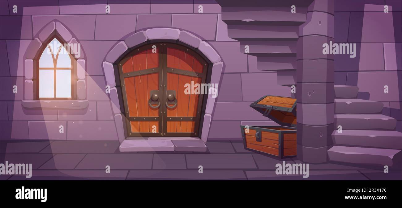 Medieval dungeon with stairs and treasure chest. Vector cartoon illustration of ancient royal castle interior with gothic window, wooden door, empty trunk on stone floor downstairs. Game background Stock Vector