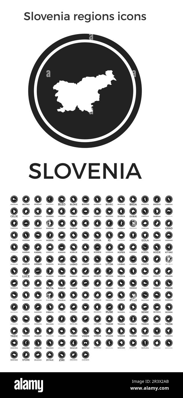 Slovenia regions icons. Black round logos with country regions maps and titles. Vector illustration. Stock Vector
