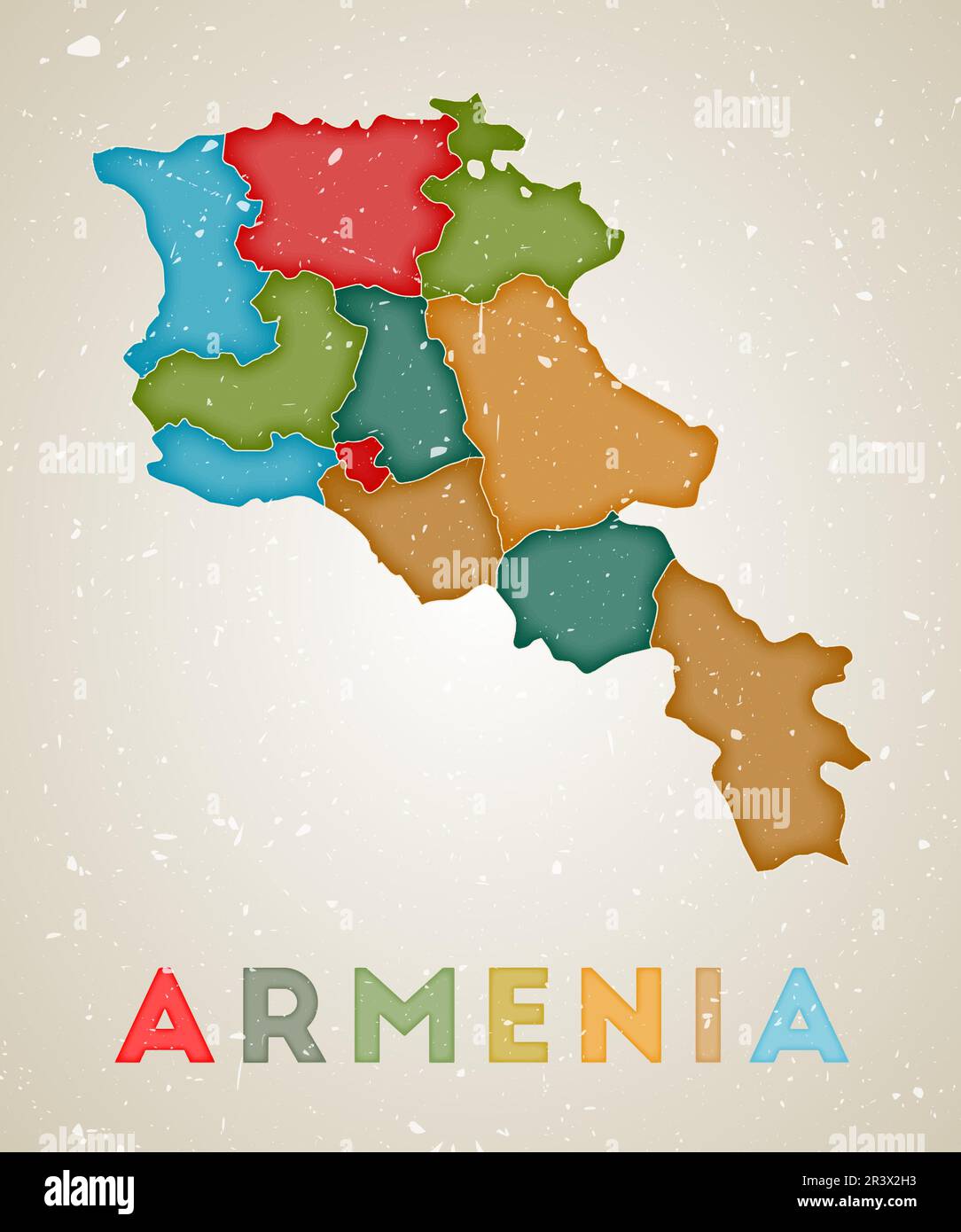 Armenia map. Country poster with colored regions. Old grunge texture