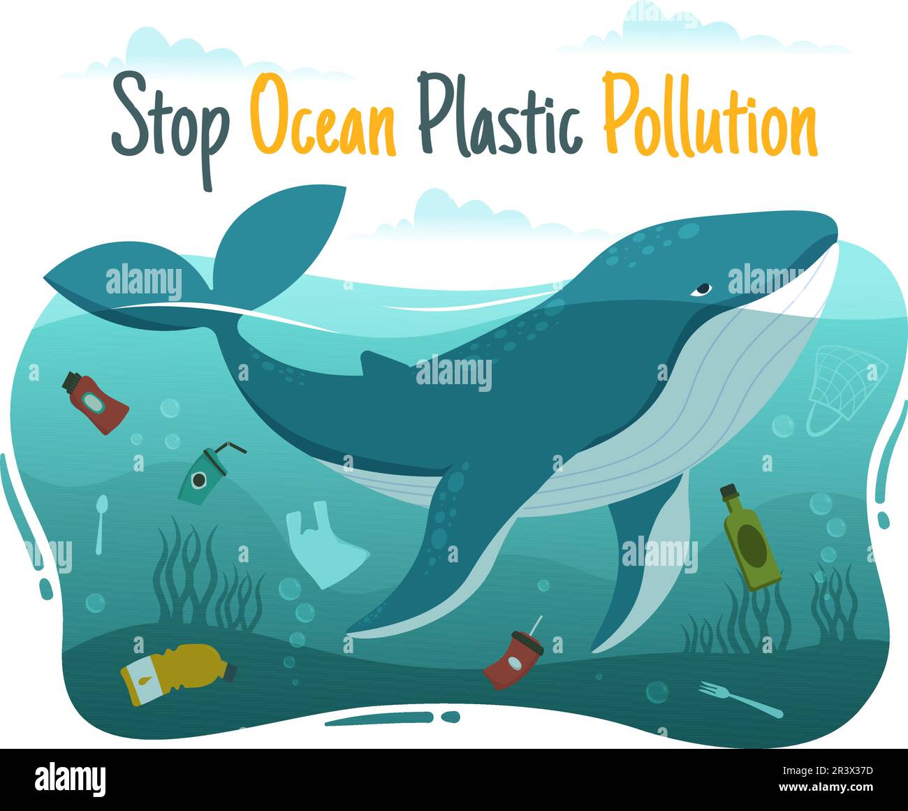 Stop Ocean Plastic Pollution Vector Illustration with Trash Under the