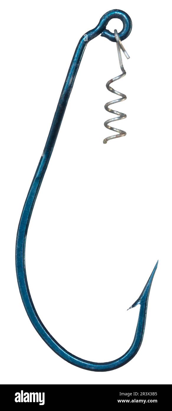 Fishing hook that is blue with a bard and wire spring to attach a rubber worm Stock Photo