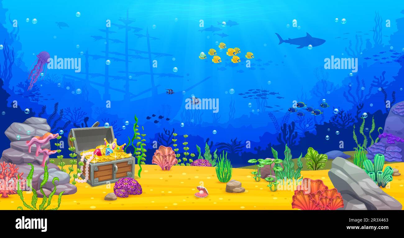 Cartoon Underwater Landscape Game Background With Sunken Pirate Ship On Tropical Coral Reef Bottom Vector Shipwreck Underwater Landscape Of Fish Shoals Corals Seaweeds And Rocks In Blue Water 2s2agr0