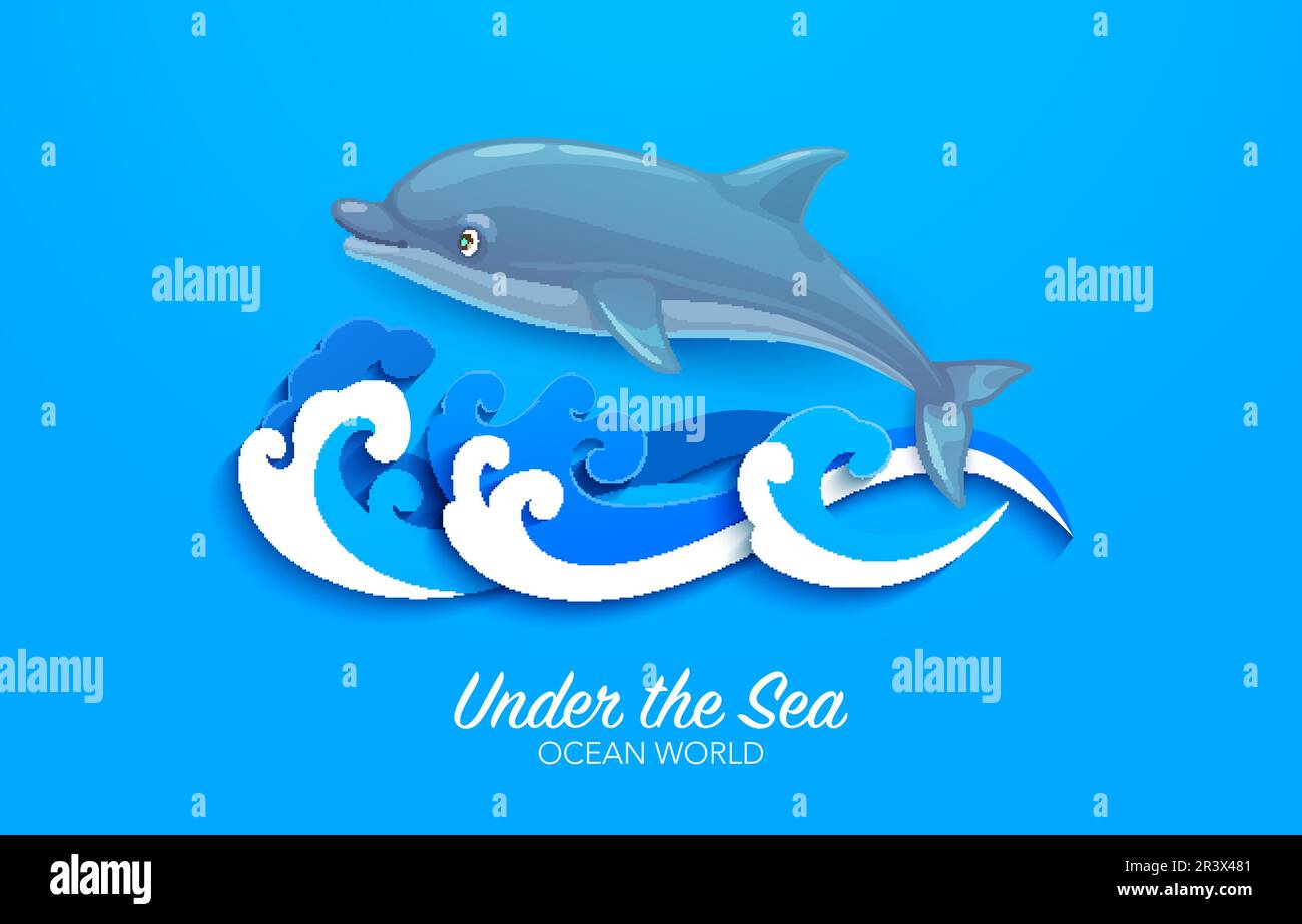 Cartoon dolphin with paper cut sea waves, ocean underwater world