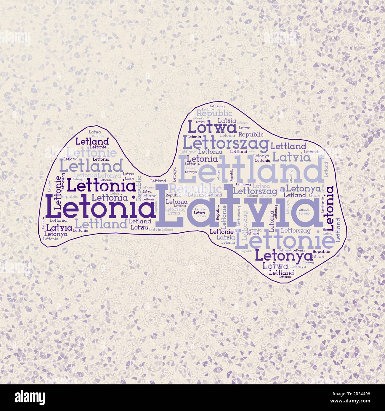 Latvia shape whith country names word cloud in multiple languages. Latvia border map on creative triangles scattered around. Powerful vector illustrat Stock Vector