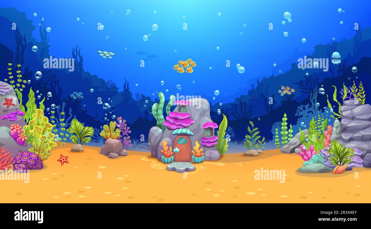 Cartoon reef house, game level underwater landscape with seaweeds and ...