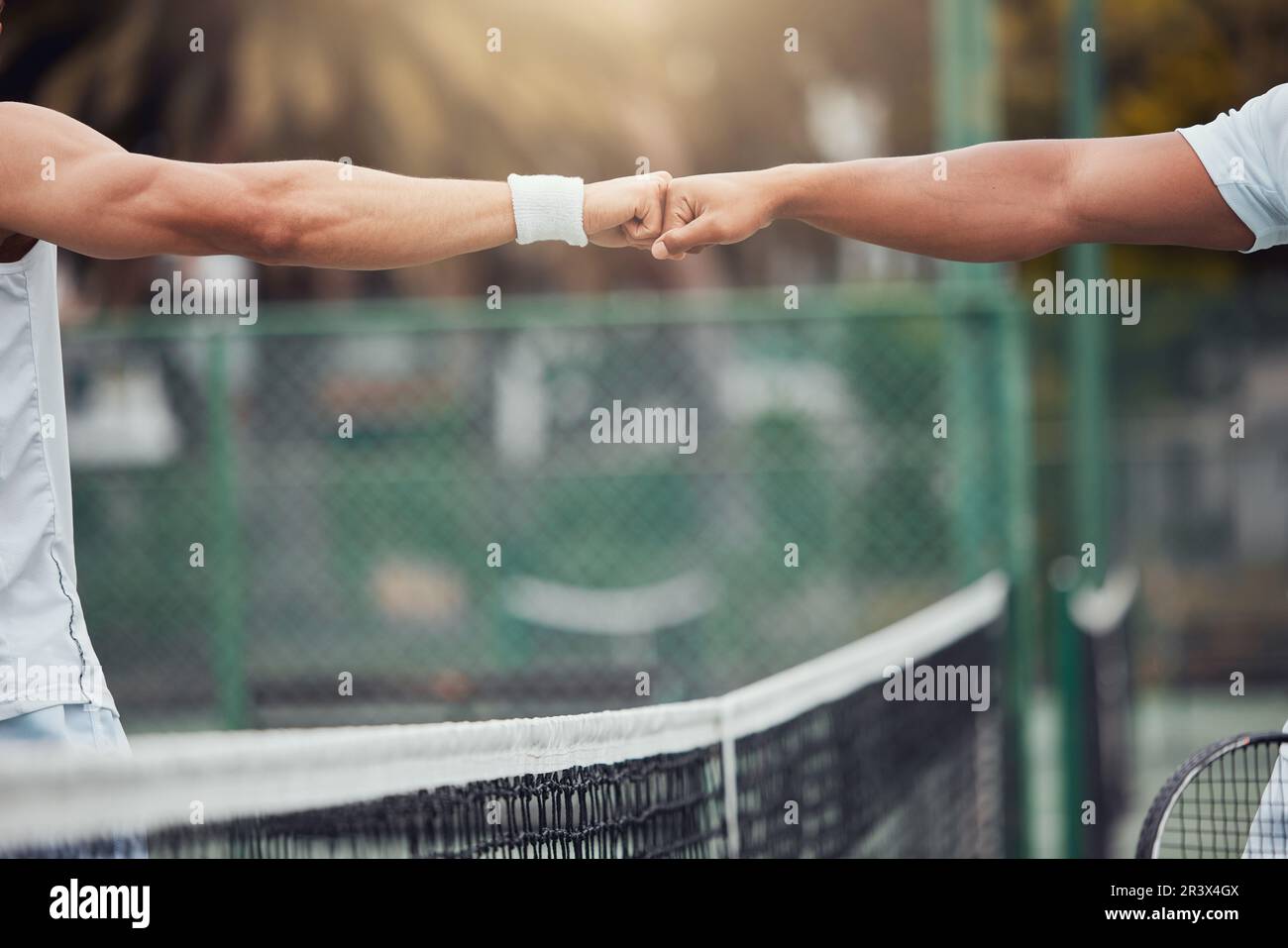 Man, hands and fist bump in tennis for partnership, sports motivation