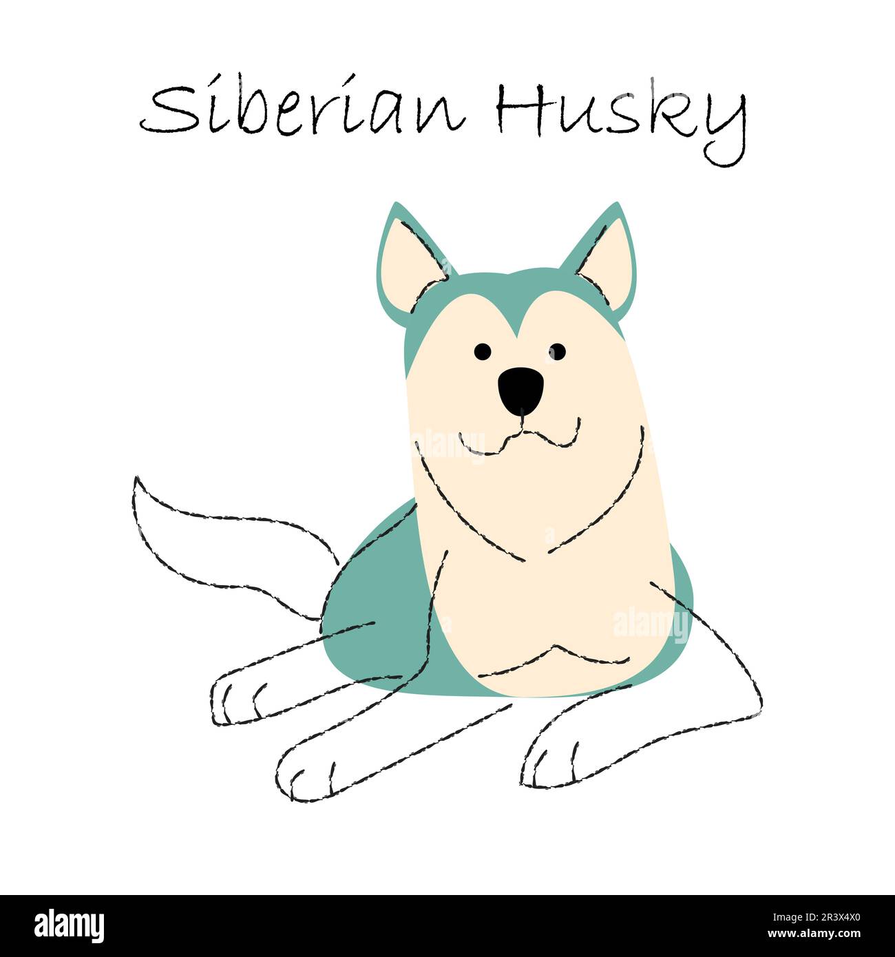 Siberian Husky . Cute dog cartoon characters . Flat shape and line stroke design . Vector illustration . Stock Vector