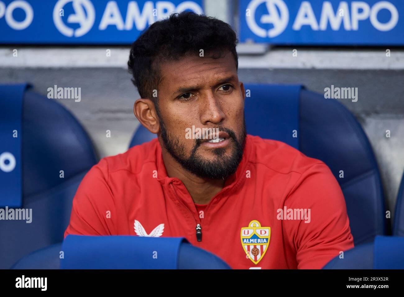 Dyego Sousa of UD Almeria looks during the La Liga Santander match between Real Sociedad and UD Almeria at Reale Arena Stadium on May 23, 2023, in San Stock Photo