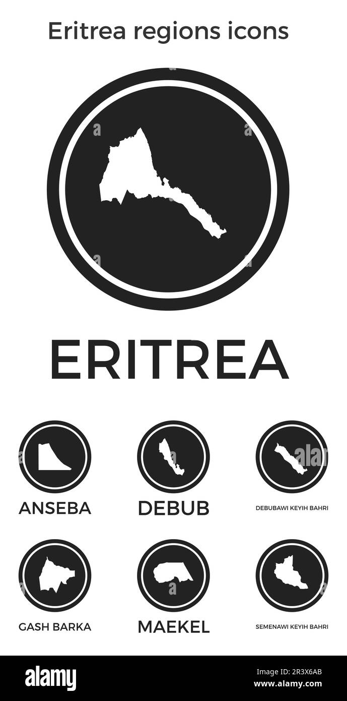 Eritrea regions icons. Black round logos with country regions maps and ...