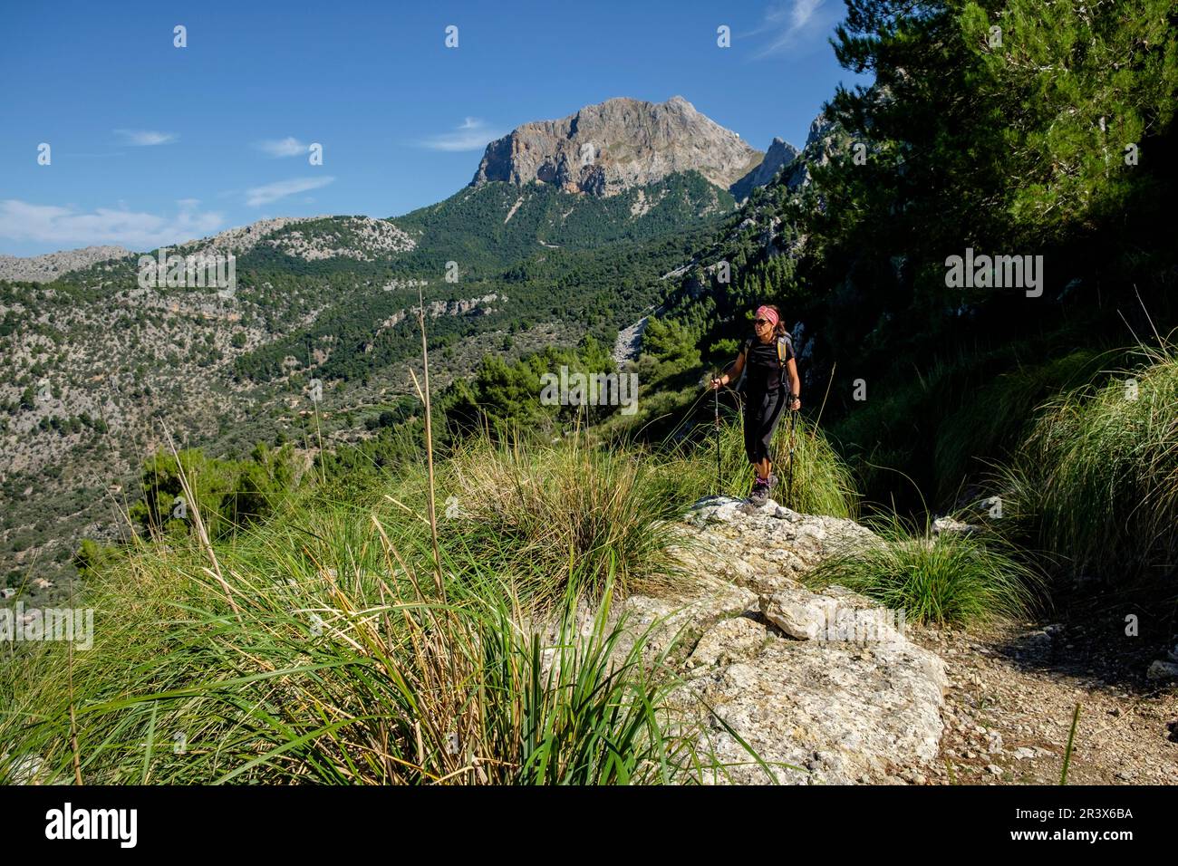 escursionista frente al Penyal des Migdia, 1401 metros, (Portell de Sa Costa), municipio de fornalutx, Mallorca, balearic islands, Spain. Stock Photo