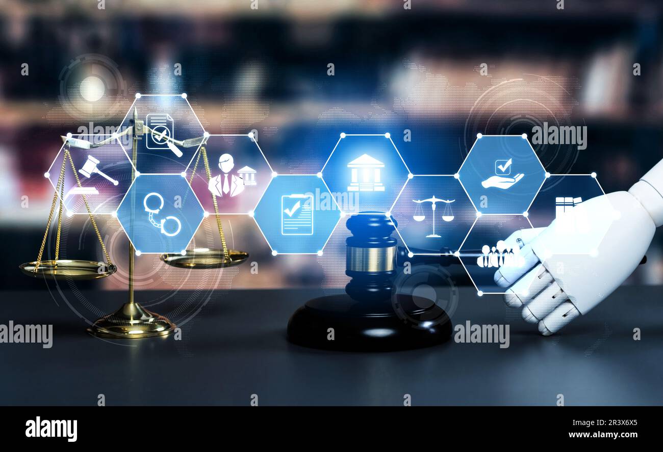 AI related law concept shown by robot hand using lawyer working tools