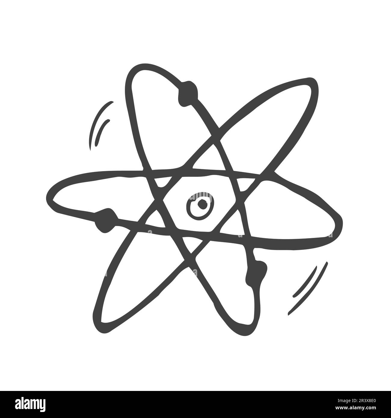 scientific atom symbol, simple icon. Hand drawn picture on paper sheet. Blue ink, outline sketch style. Doodle on checkered background Stock Vector
