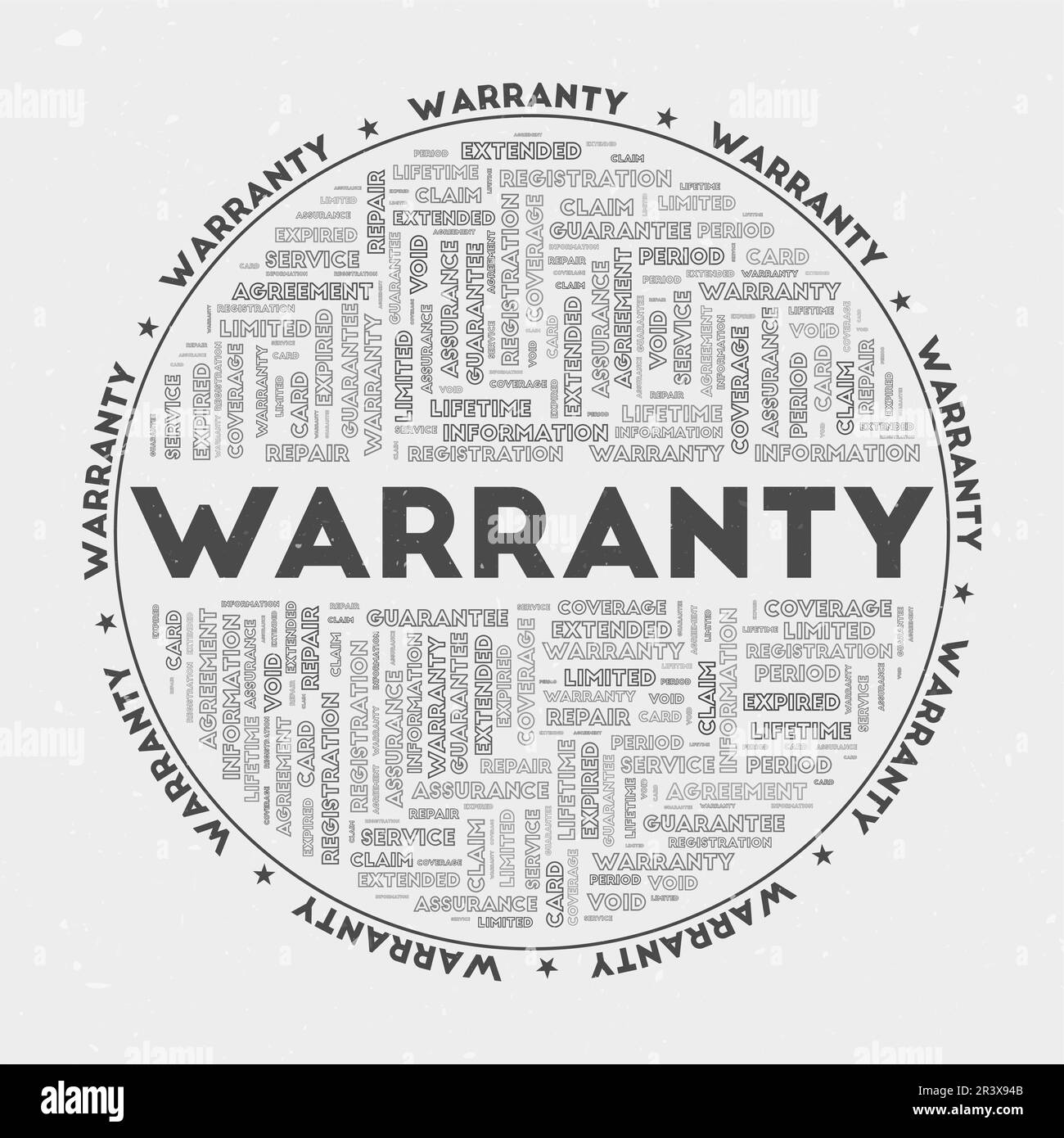 Warranty - round badge. Text warranty with keywords word clouds and circular text. Shady Character color theme and grunge texture. Awesome vector illu Stock Vector