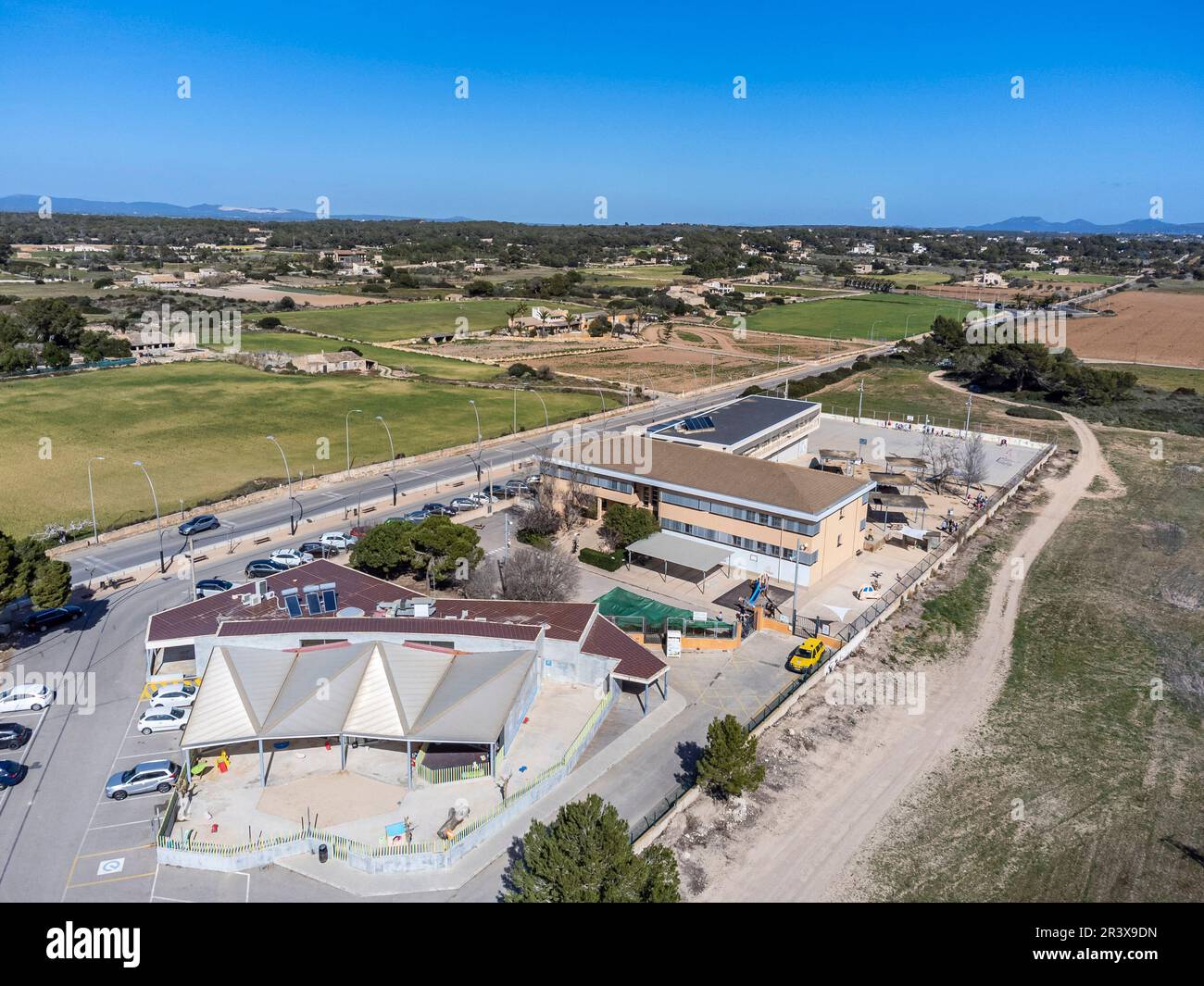 CEIP Colònia de Sant Jordi, Aerial view of the Childhood and Primary Education College, Ses Salines, Mallorca, Balearic Islands, Spain. Stock Photo