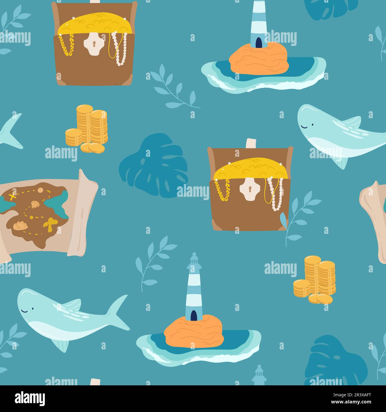 Pirate sea flat vector seamless pattern. Sailing backdrop. Anchor, map ...