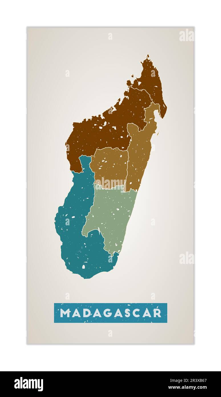 Madagascar map. Country poster with regions. Old grunge texture. Shape of Madagascar with country name. Powerful vector illustration. Stock Vector