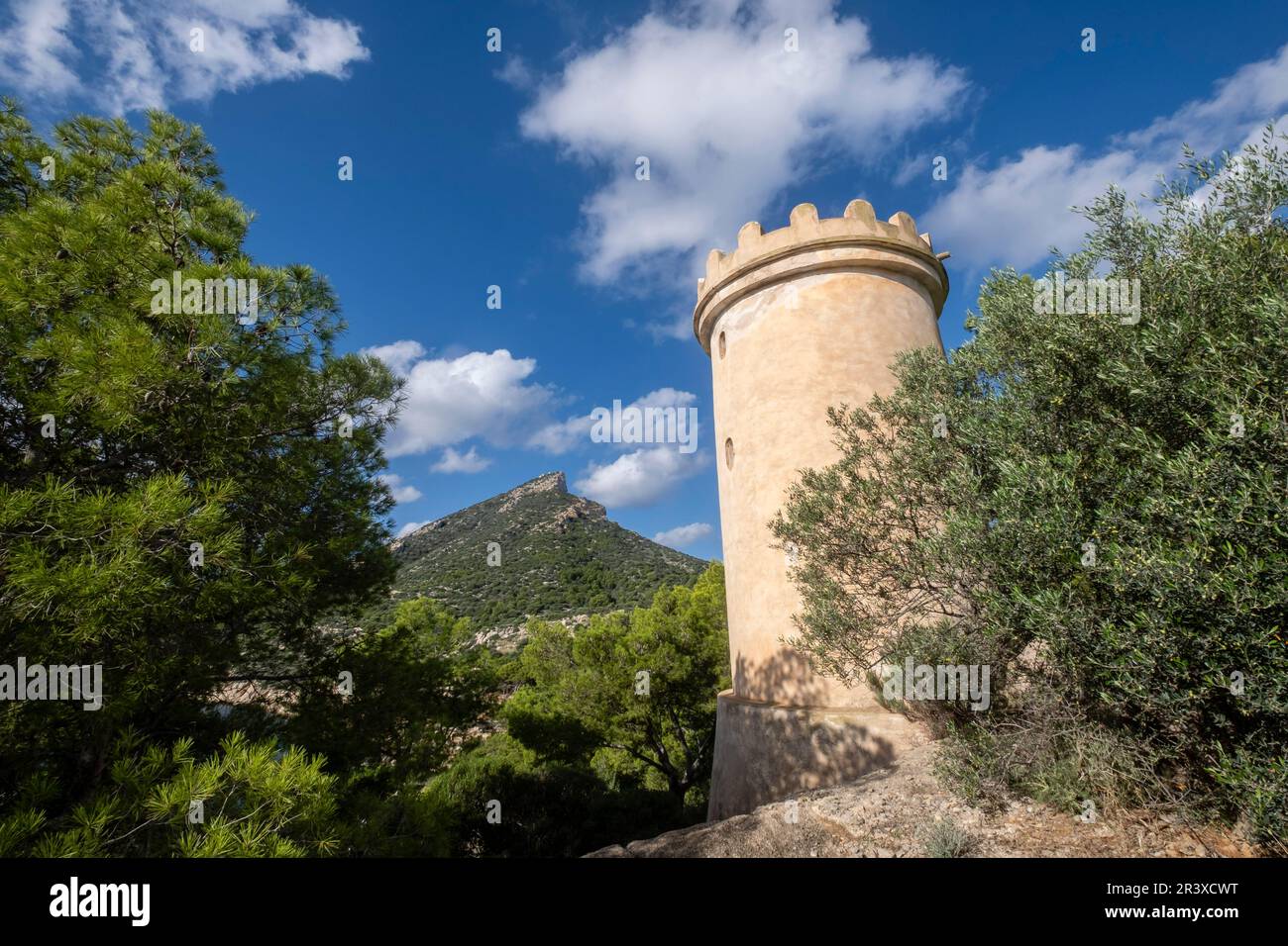 tower-shaped dovecote, Na Miranda, Sa Dragonera natural park, Mallorca, Balearic Islands, Spain. Stock Photo