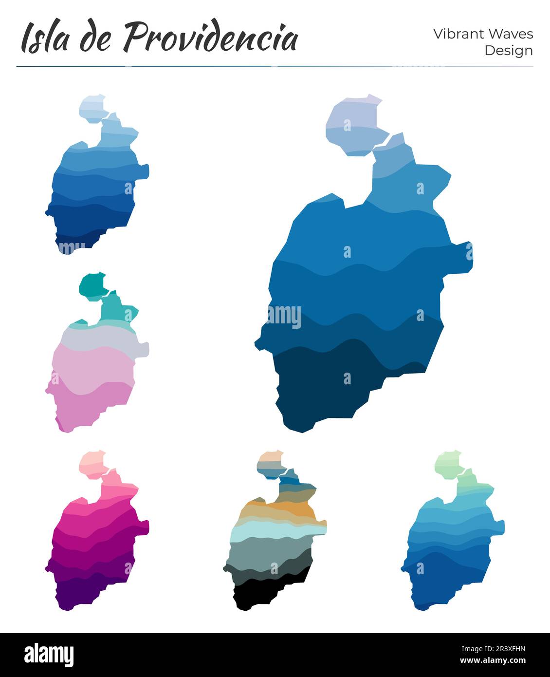 Set of vector maps of Isla de Providencia. Vibrant waves design. Bright ...