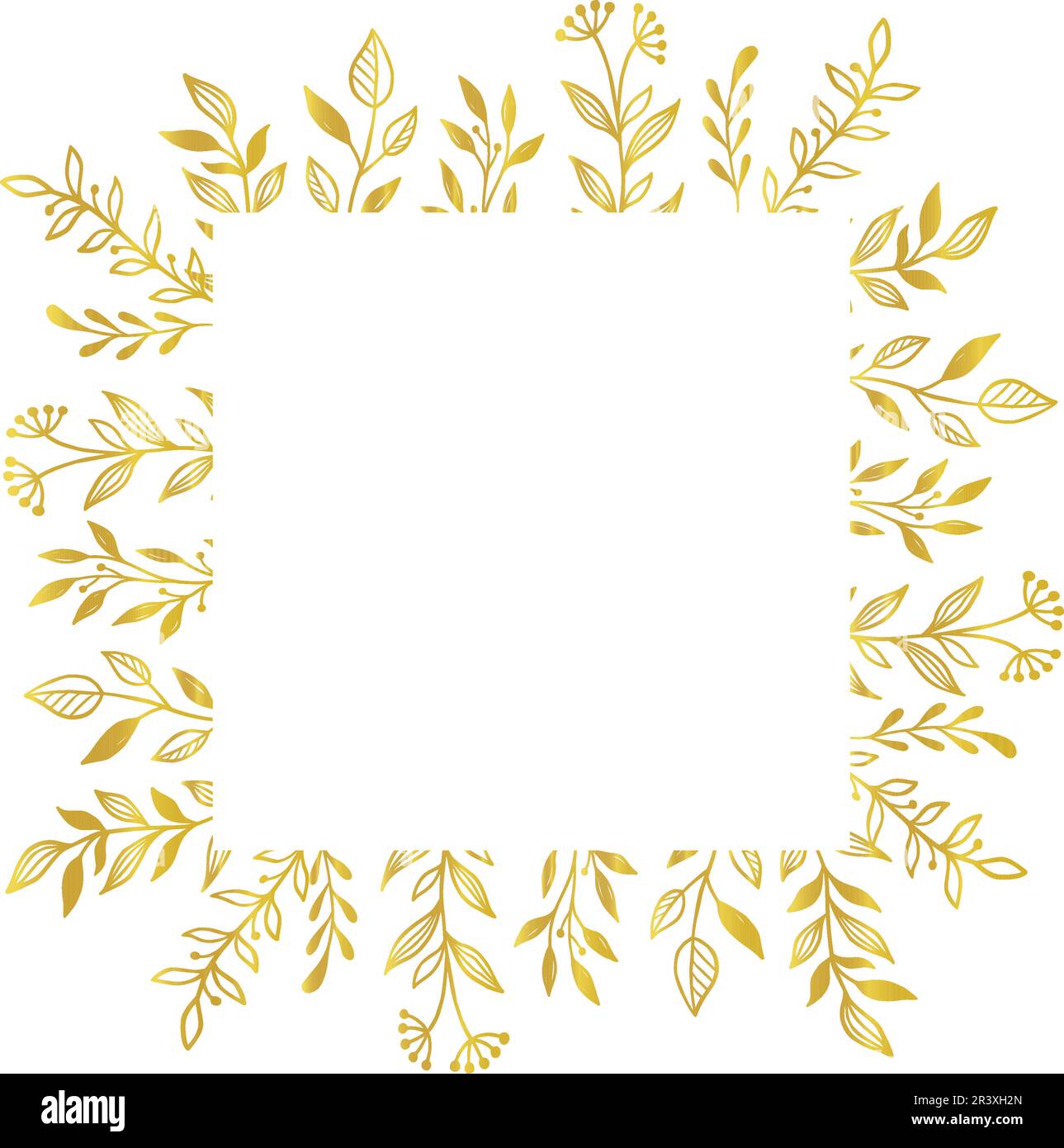 Gold floral square border. Vector golden floral leaf wreath border. Wedding square frame design. Hand drawn rustic flourish elegant rectangle frame. Vector illustration Stock Vector
