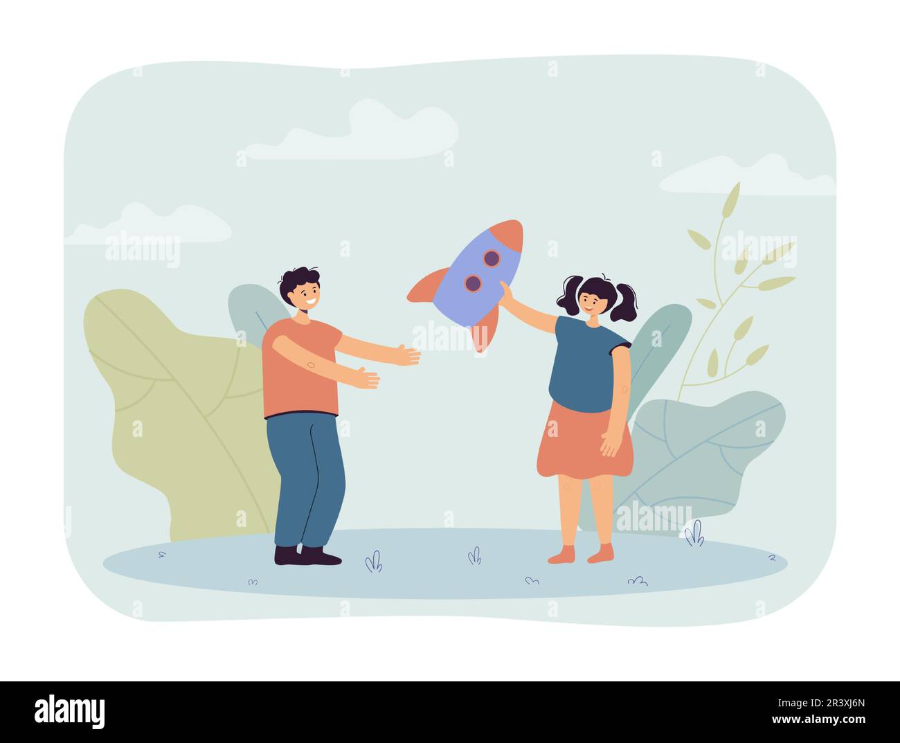 Girl giving toy rocket to friend as present Stock Vector