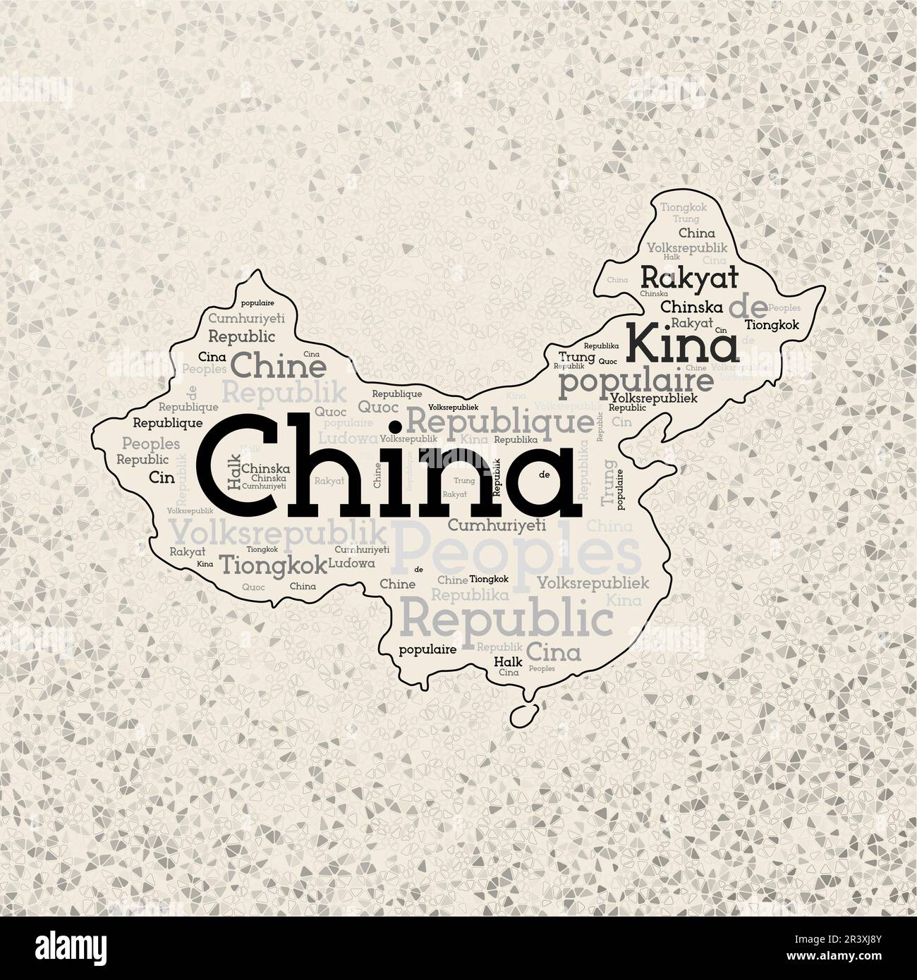 China shape whith country names word cloud in multiple languages. China border map on modern triangles scattered around. Vibrant vector illustration. Stock Vector