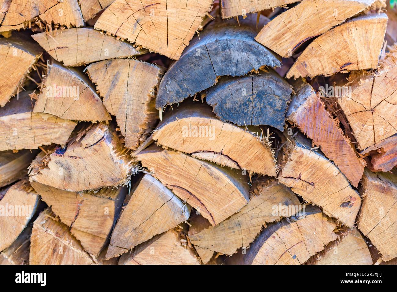 A close up stack of cut Eucalyptus wood drying for use in a home