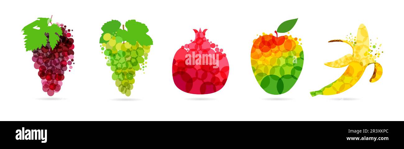 Apple, pear, lemon and peach set of abstract colorful fruits design. Creative concept icons of mango, pear, lemon, orange for label of fresh juice Stock Vector