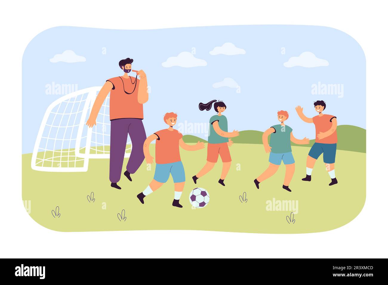 Team of little football players with coach Stock Vector