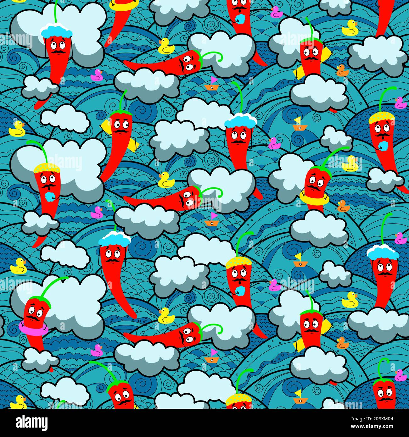 Cute funny fire and chili pepper blue pattern. Vector hand drawn