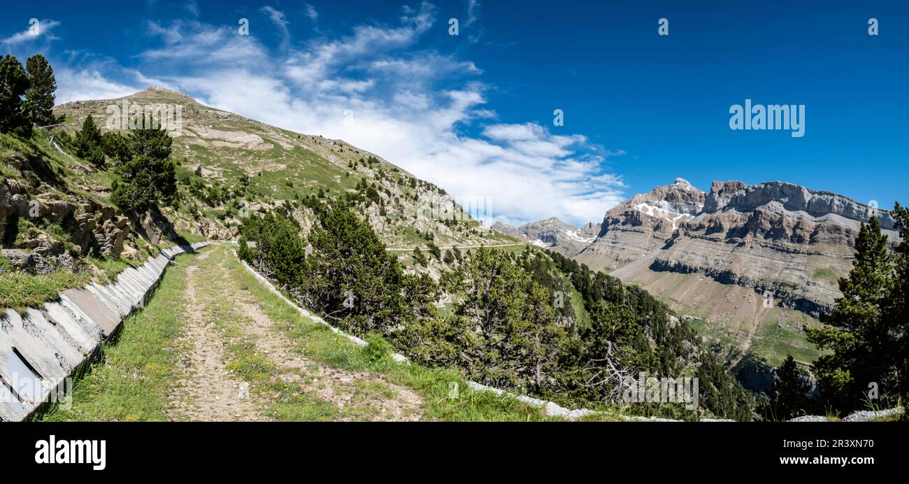 Ip reservoir track, Ip Valley, Jacetania, Huesca, Spain. Stock Photo