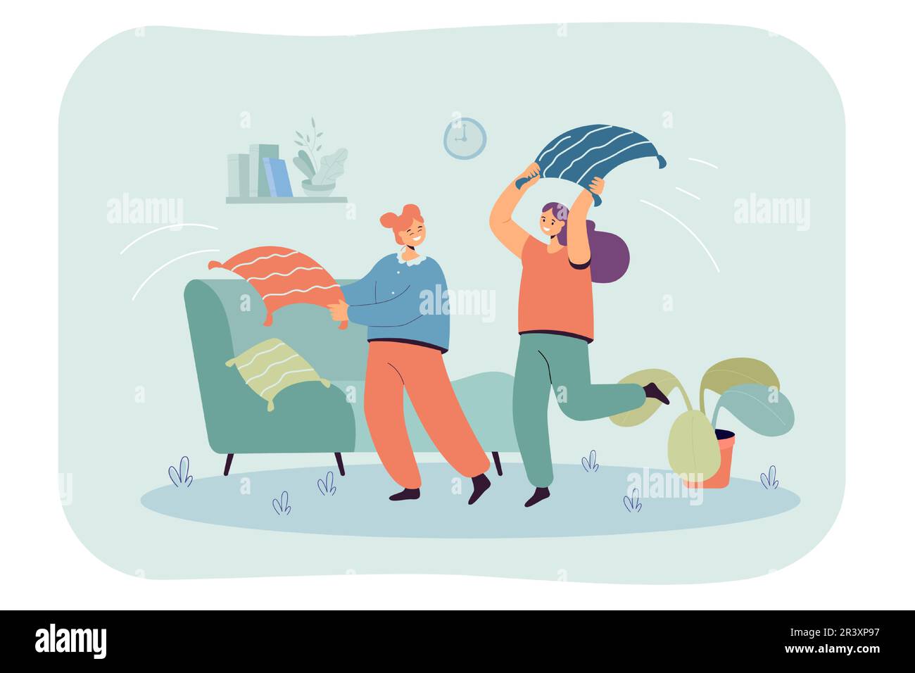 Cartoon girls fighting with pillows in living room Stock Vector