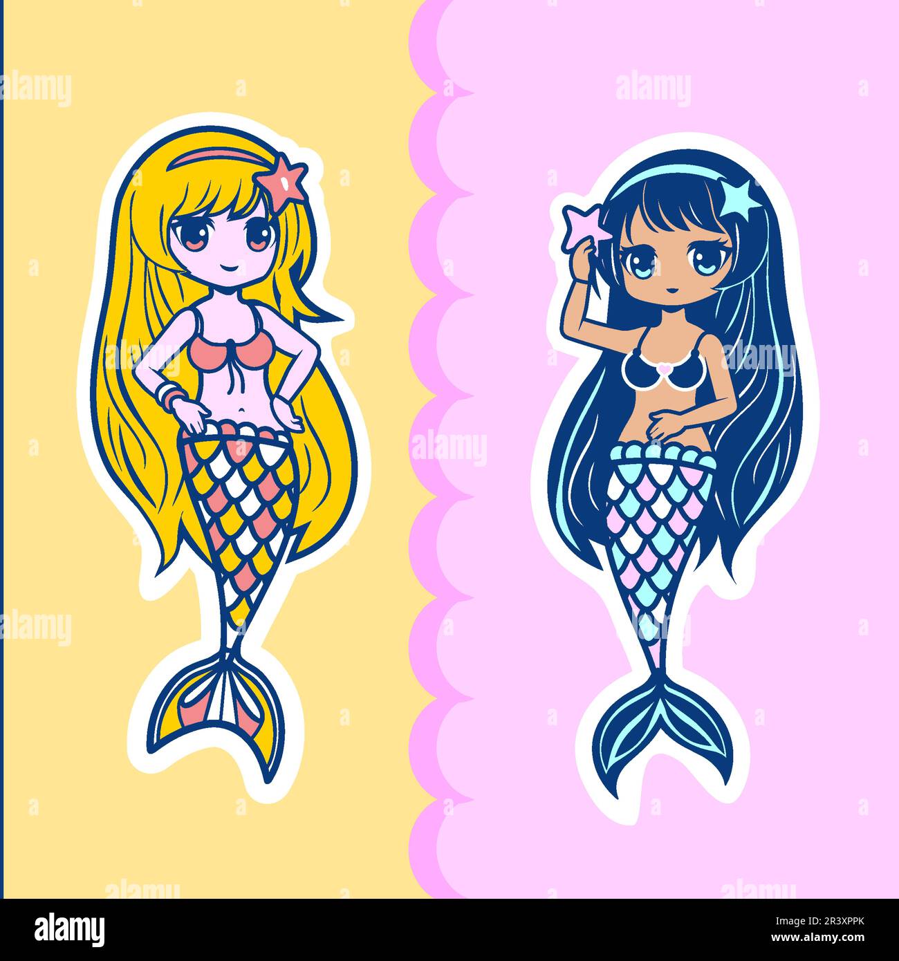 Little mermaid is blonde and the little mermaid is brunette with dark skin. Cute mermaid stickers for design. Vector illustration. Stock Vector
