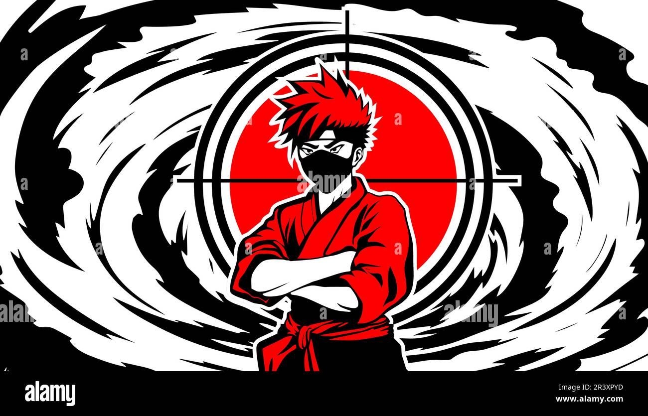 Young ninja against the background of a red target circle and a swirl