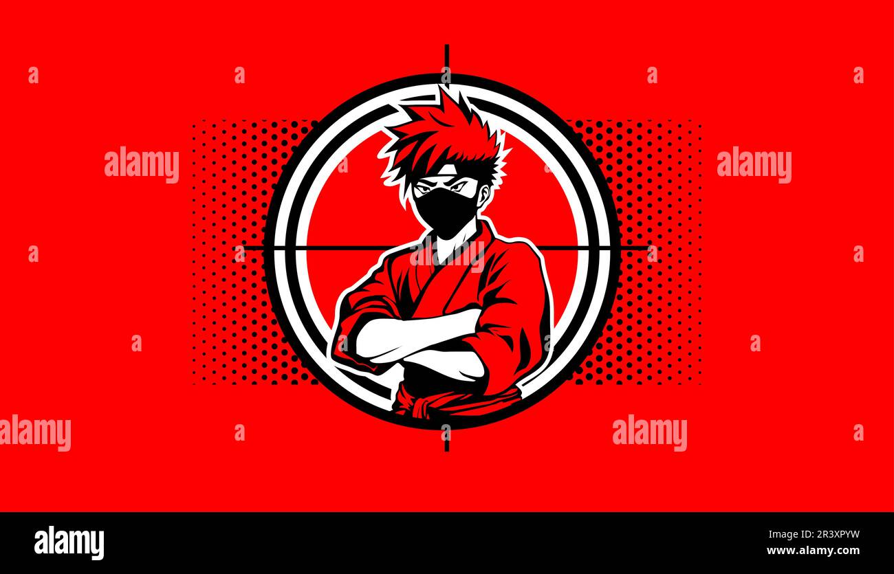 Young ninja on a red target background. Black and red vector image in