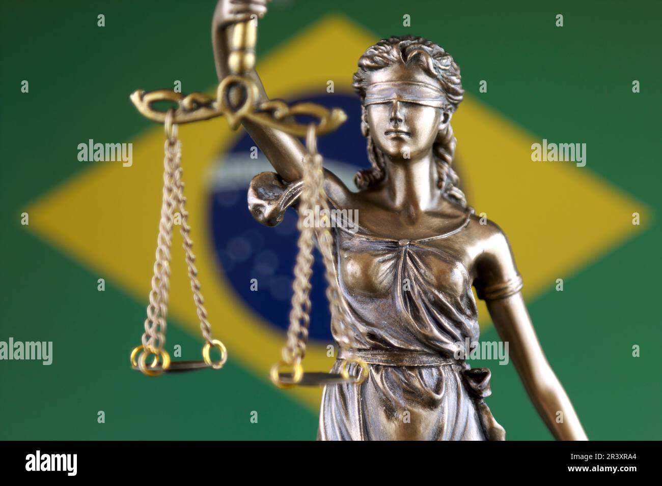 Symbol of law and justice with Brazil Flag. Close up. Stock Photo