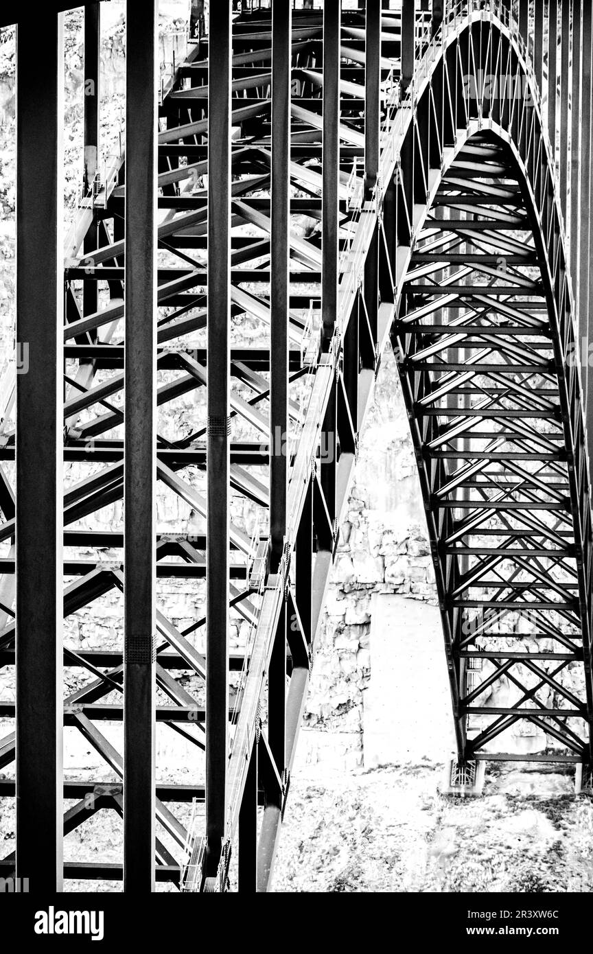 Black and White of the Metal Arch Below The Perrine Bridge In Twin Falls Idaho Stock Photo