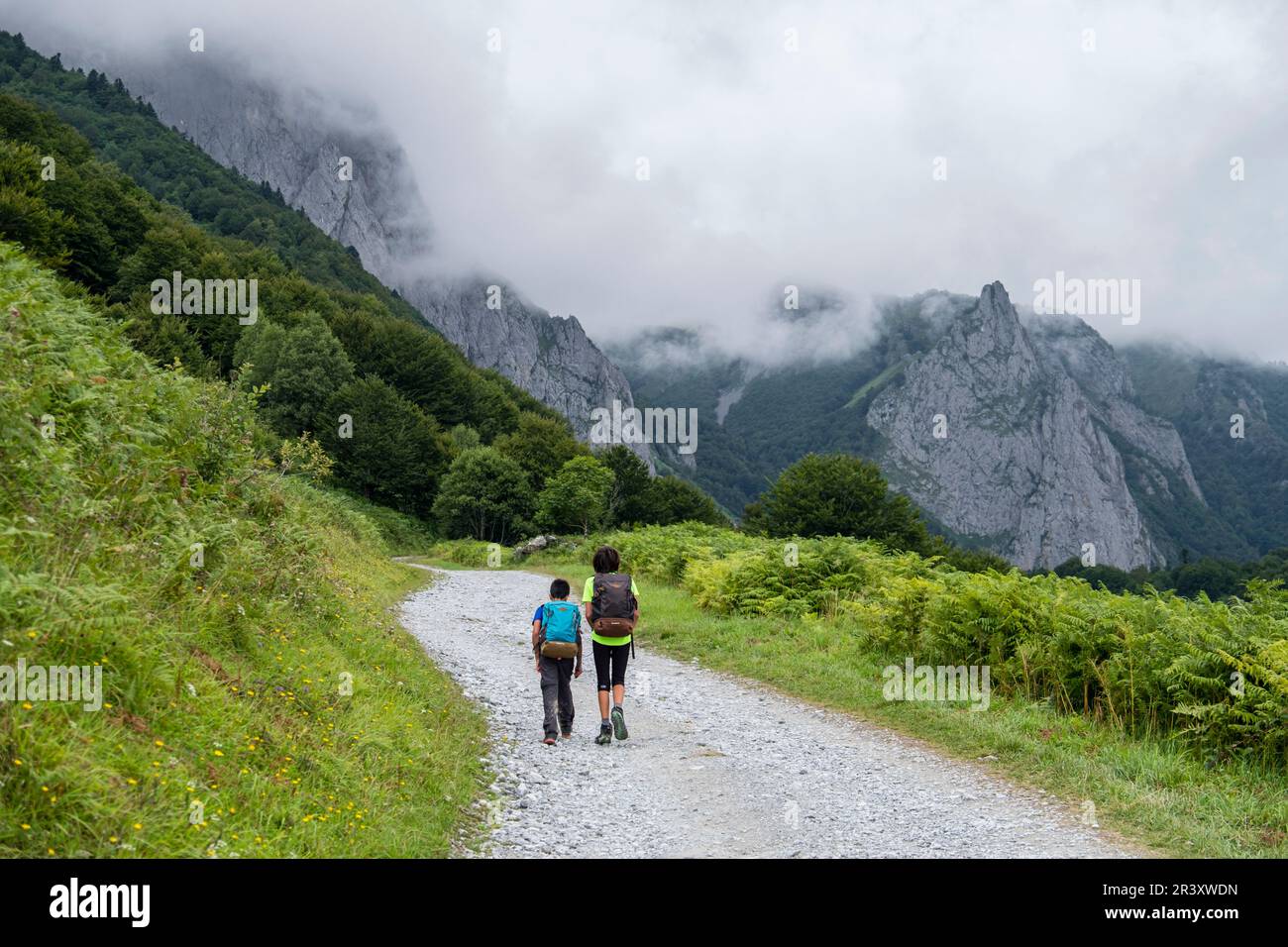 dos niños andando por la pista de Anapia a prados de Sanchese, trekking de las Golondrinas, Lescun, región de Aquitania, departamento de Pirineos Atlánticos, Francia. Stock Photo