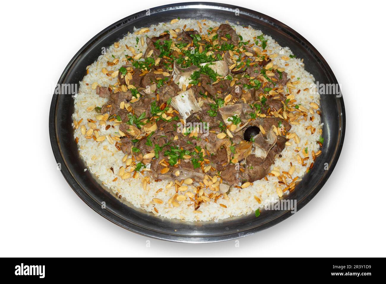 camel meat with rice traditional Arab food main course restaurant lunch served with almonds and