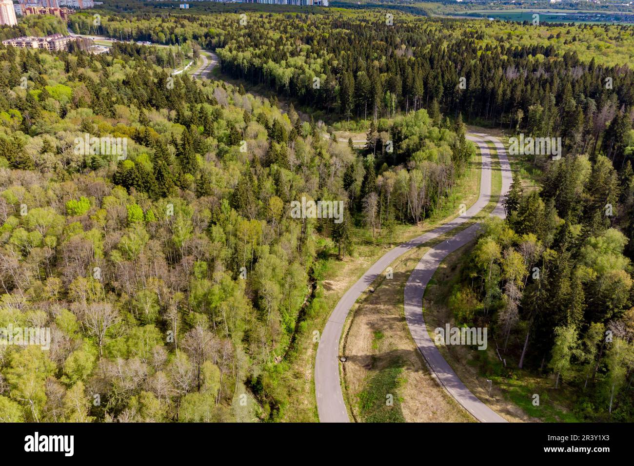 Aerial view of the roller ski track in the forest for training and competition Stock Photo