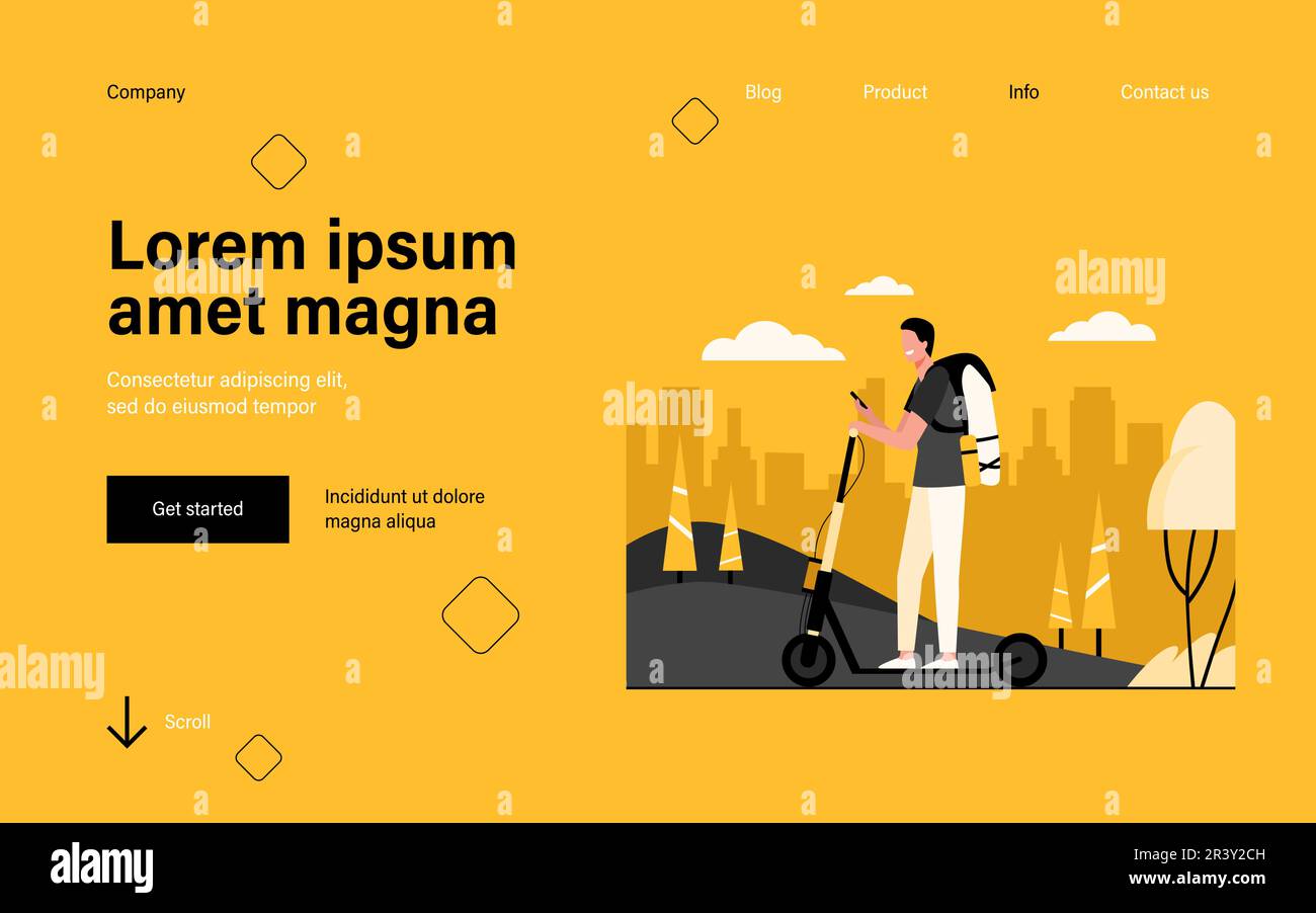 Happy smiling man riding kick scooter on sidewalk Stock Vector Image