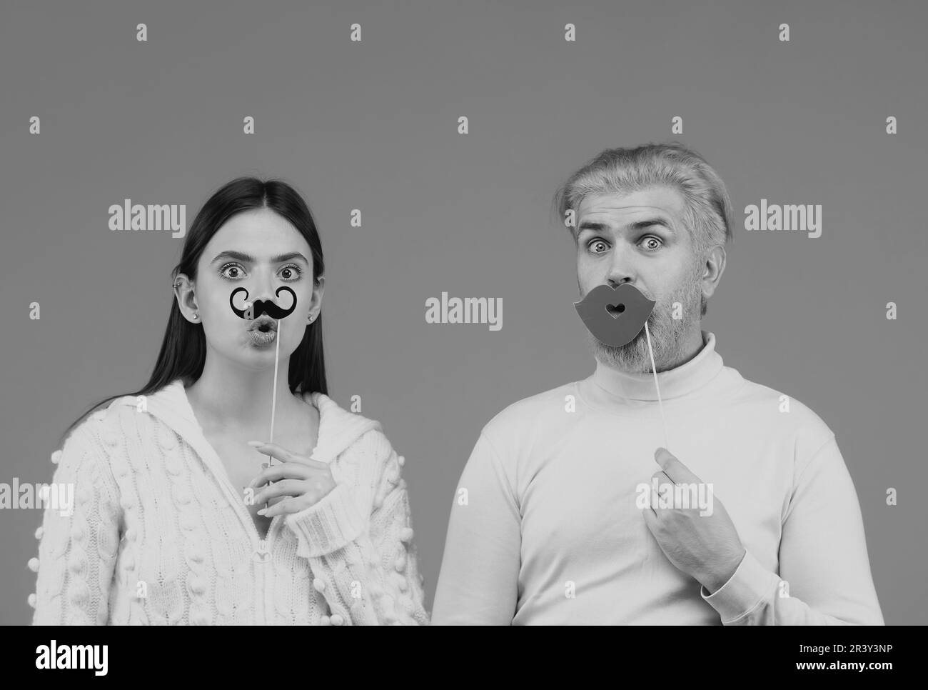 Woman with moustache and man with red lips. Transgender gender identity