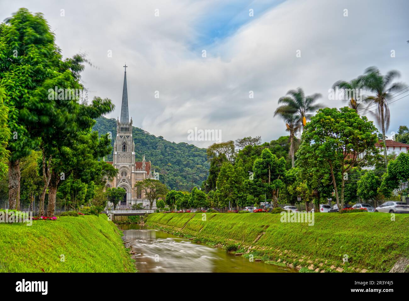 Petropolis Cathedral Facade with Flowing River and Abstract Time-lapse ...