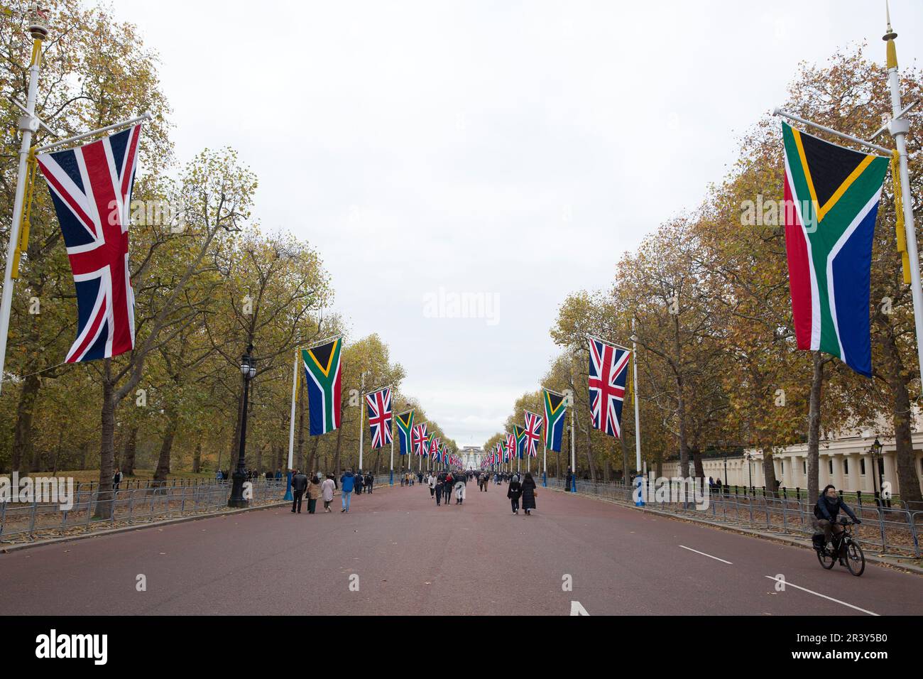 Union flags and flags of South Africa are seen in central London ahead of a state visit of the President of South Africa. Stock Photo