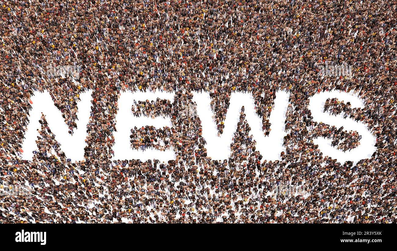 Concept or conceptual large community of people forming the the word NEWS. 3d illustration metaphor for communication, media, television, journalism Stock Photo