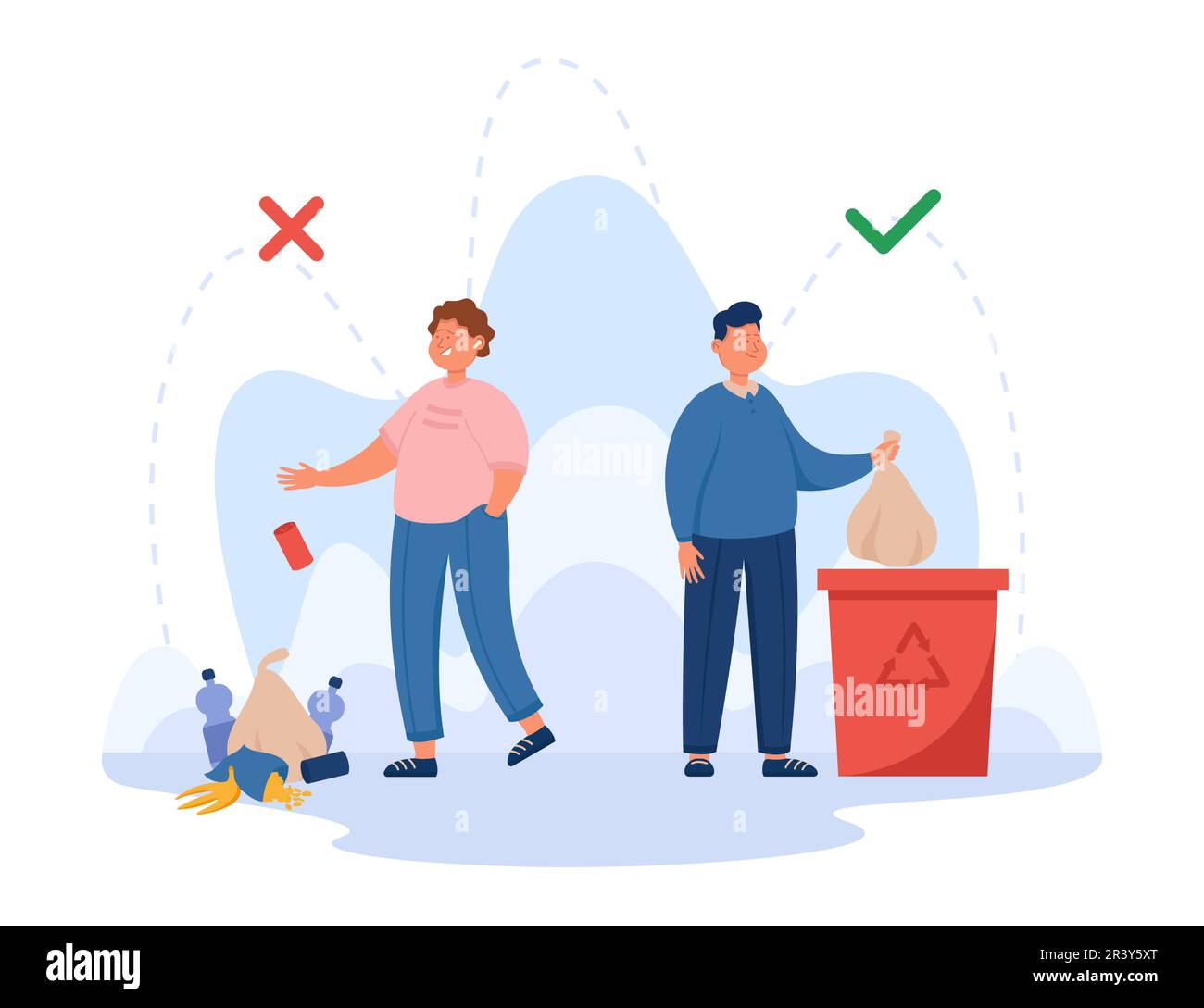 Contrast of right and wrong way of throwing out rubbish Stock Vector