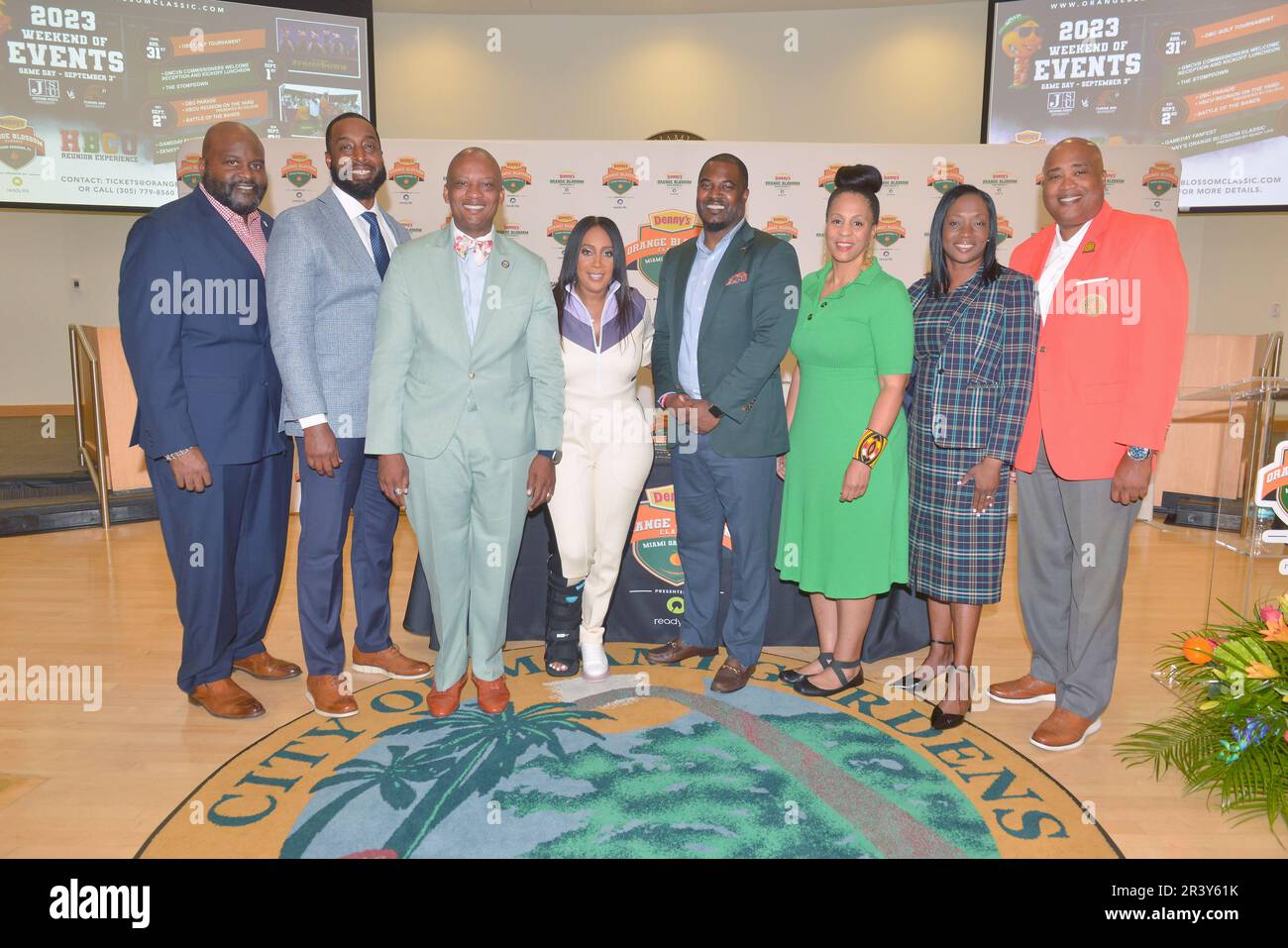 MIAMI GARDENS, FLORIDA - MAY 23: T.C. Taylor, Head Coach, Jackson State University, Oliver Gilbert III, Miami-Dade County Commissioner, Kendra N. Bulluck, Executive Director, Orange Blossom Classic Committee, Willie Simmons, Head Coach Florida A&M University, Connie Kinnard, head of the Multicultural Tourism and Development Department (MTDD) at the Greater Miami Convention & Visitors Bureau, Angela Adams Suggs, President & CEO, Florida Sports Foundation and Curtis E. Johnson, Jr., president of the Florida A&M University (FAMU) National Alumni Association attend the Orange Blossom Classic 2023 Stock Photo