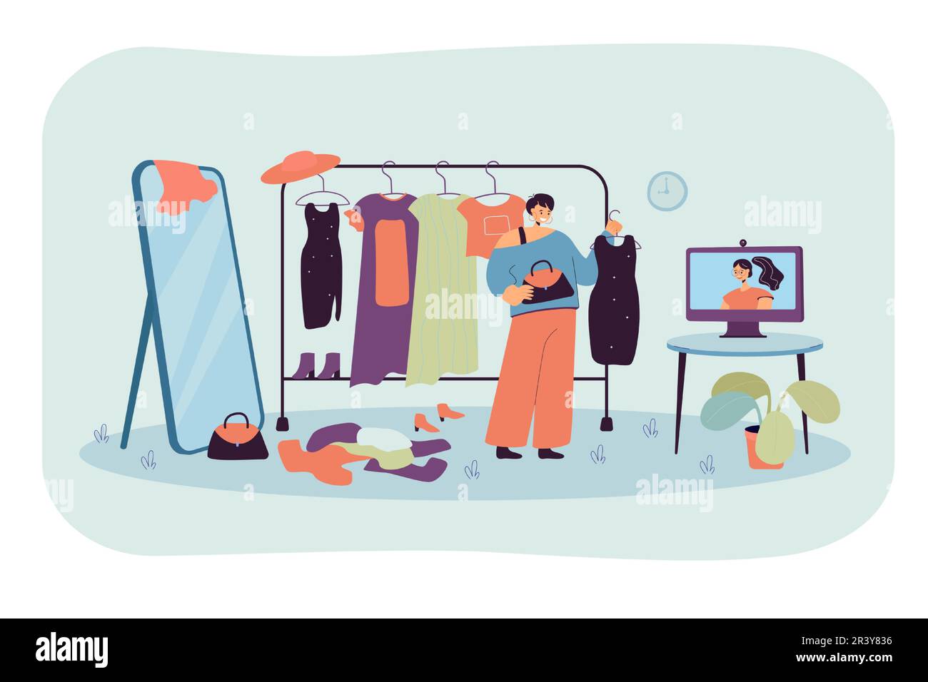 Cartoon woman receiving stylists advice on clothing Stock Vector